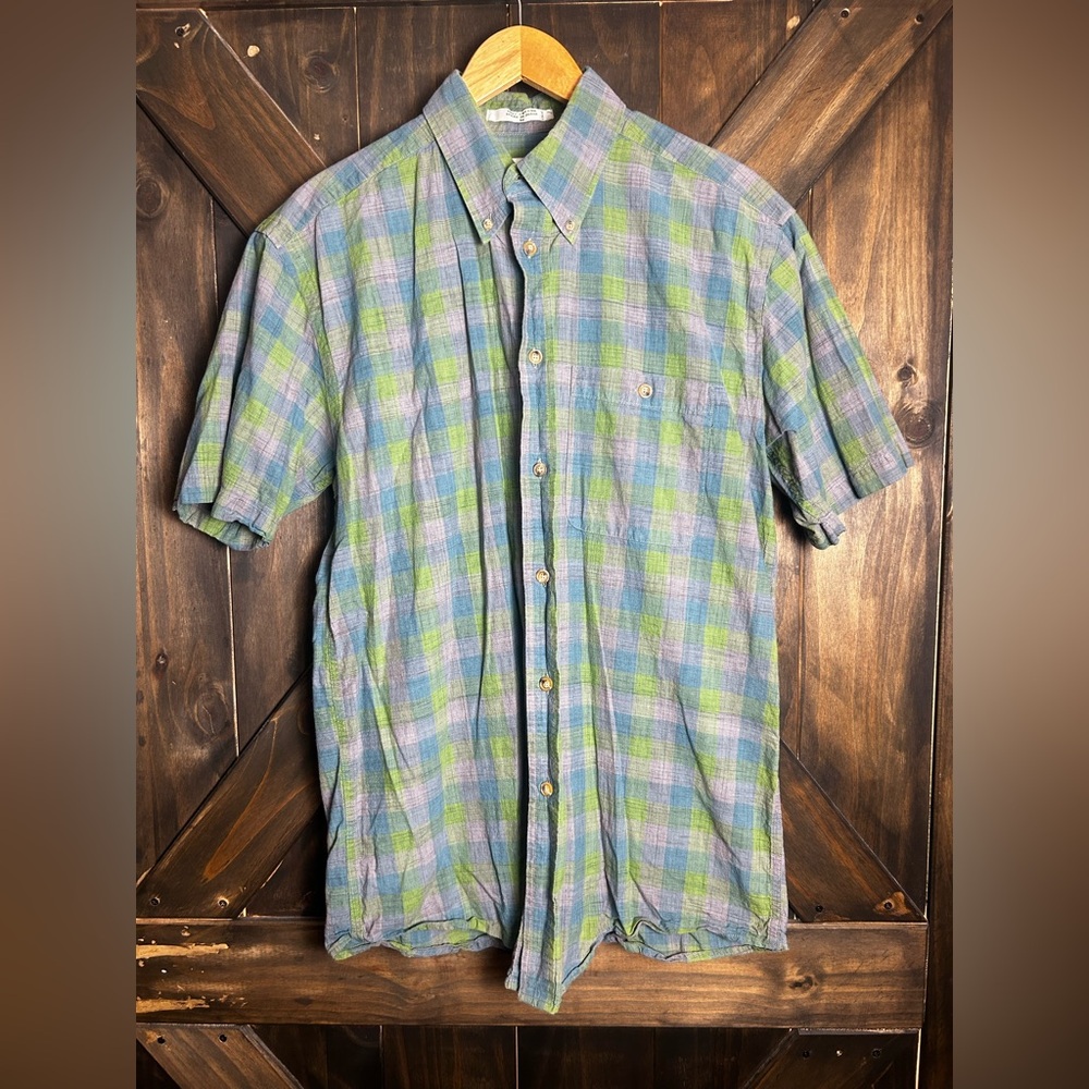 Orvis Short Sleeve Button Green Blue Purple Plaid Medium Men’s Shirt